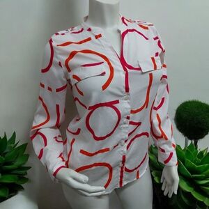 Calvin Klein White Button Down Shirt with Red and Orange Accents
